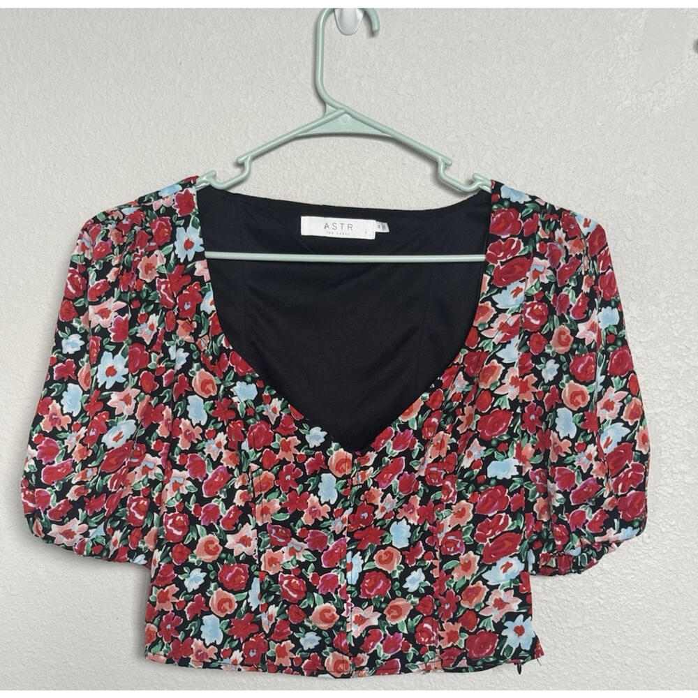 Astr Floral V-Neck Puff Sleeve Crop Top in Red, Black & Light Blue